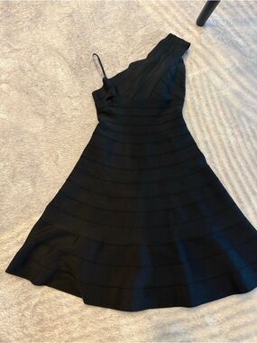 Herve Leger Black One-Shoulder A-Line Dress